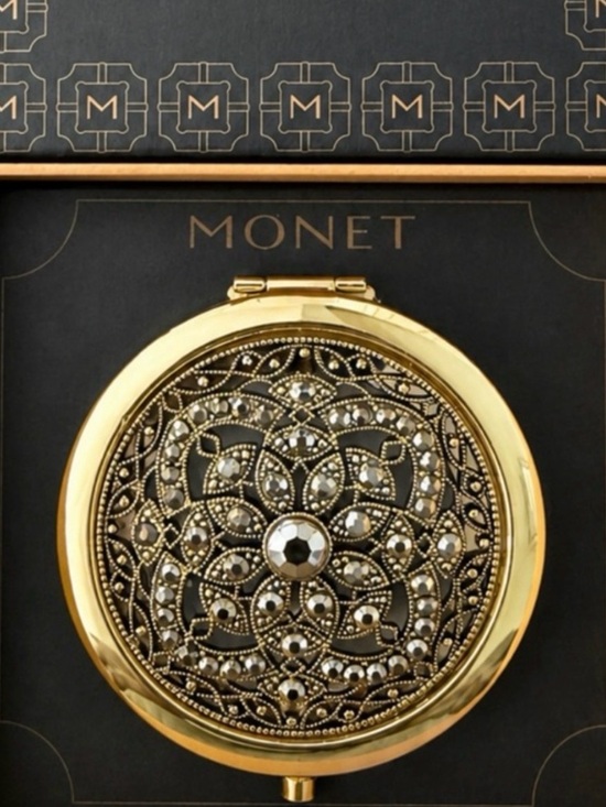 Monet Other - Monet Gold and Black Filigree Compact with Clear Rhinestones